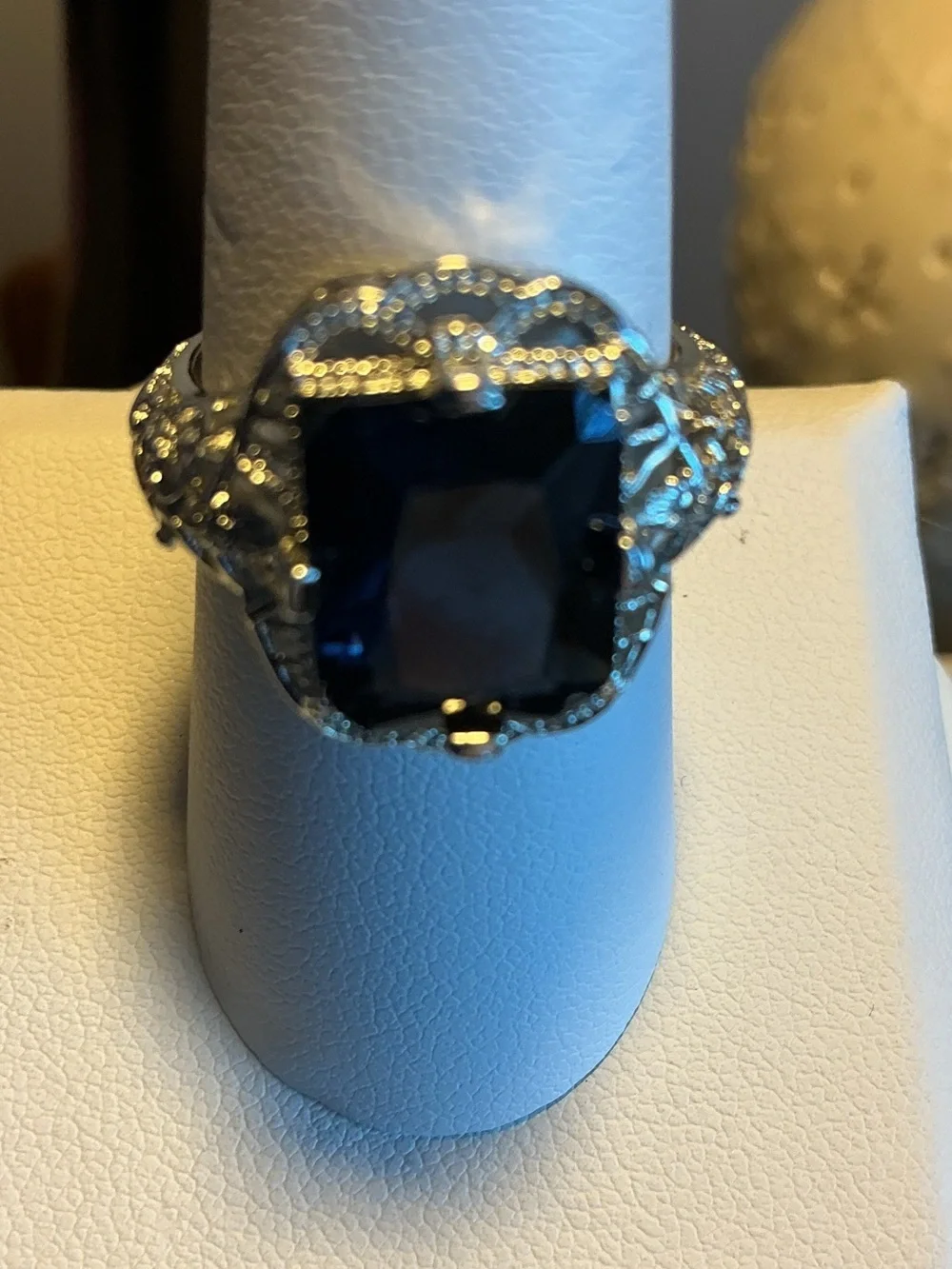 Rhinestone and Lab Created Sapphire Silver Tone Ring
